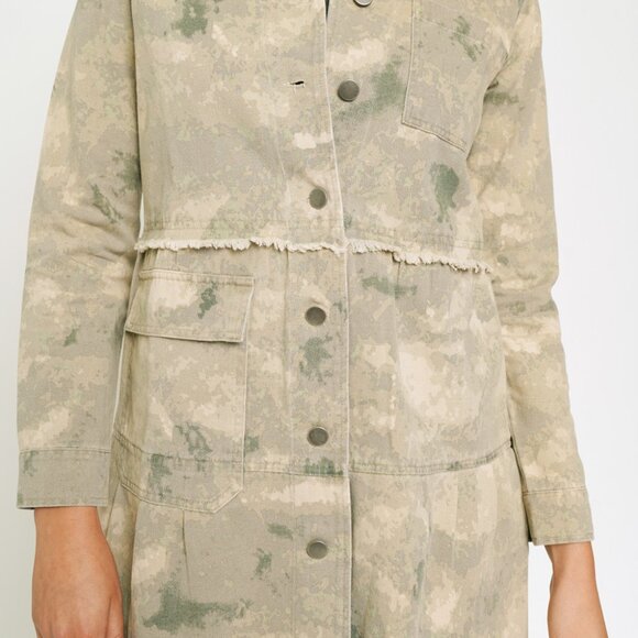 MYSTREE TIERED LONG TRUCKER JACKET Camo Utility Shacket, Beige Green Distressed - Picture 10 of 10